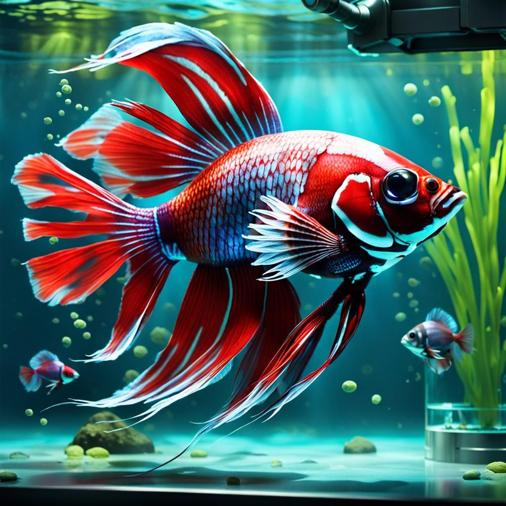 Cyborg Siamese fighting fish robot in a tank. Fish has a rob...