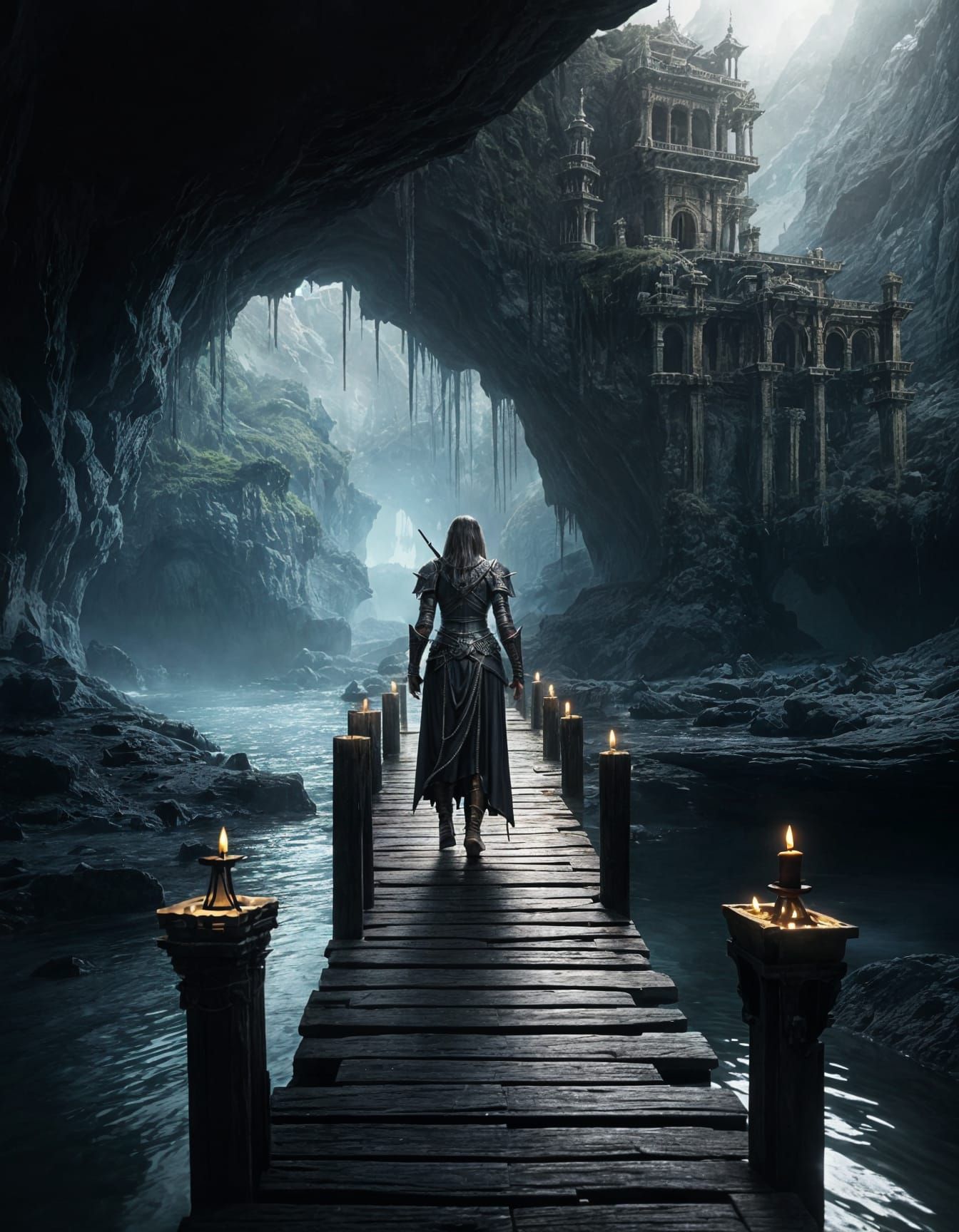 A wide shot of a dark clad female knight walking on a twisty wooden bridge over water, through a dark ...  by @Queen274