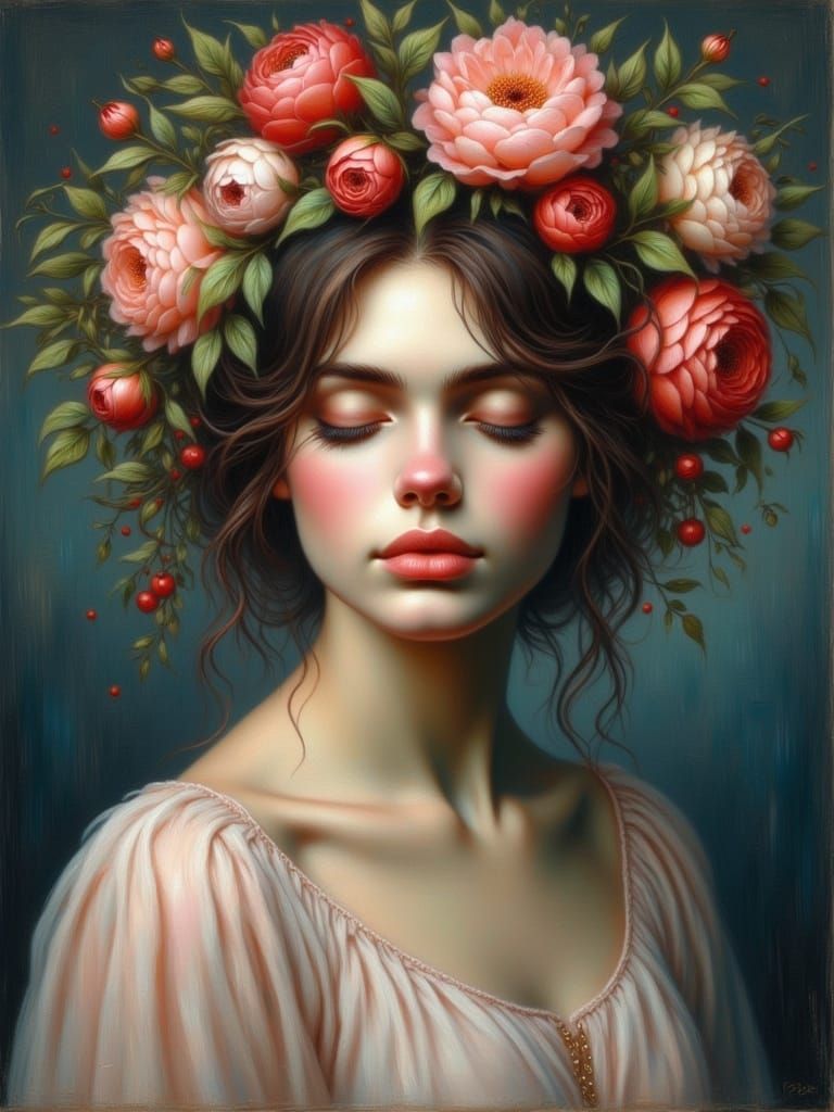 <lora:Women-Oil Painting-1:1.0> A portrait of a woman with floral crown.