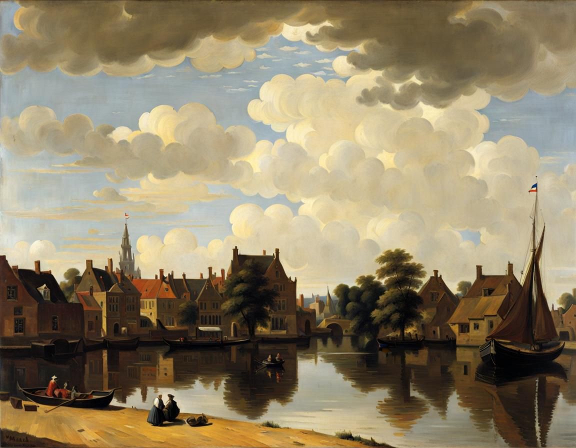 Johannes Vermeer view of Delph with motorboat and para-sailo...