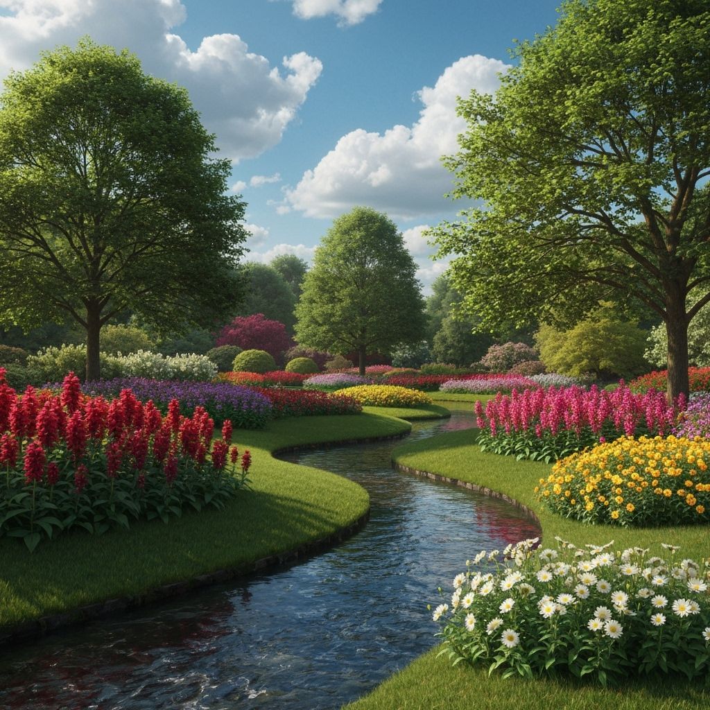 Serene Garden with Stream and Vibrant Flowers