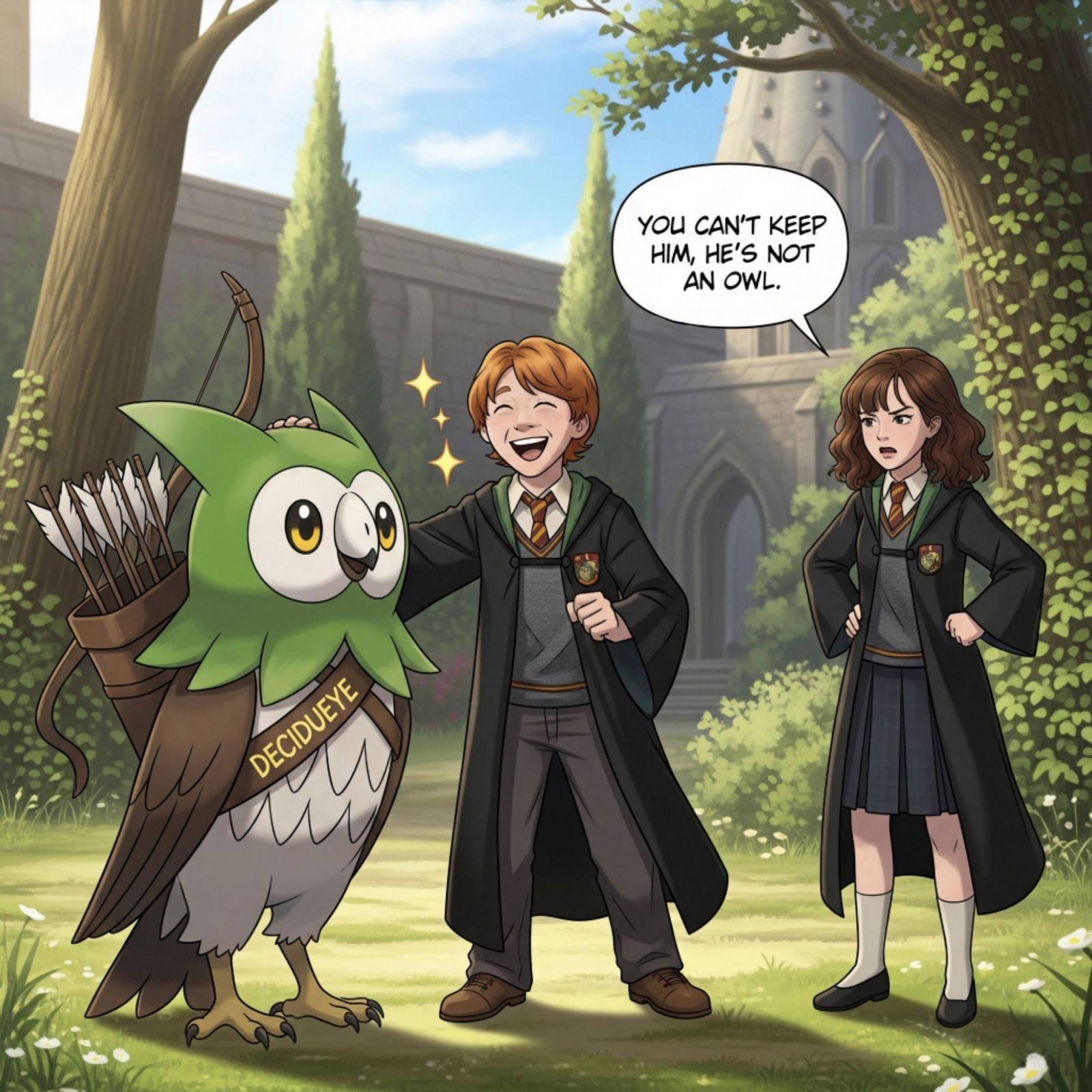 Pokemon Decidueye meets Ron and Hermione
