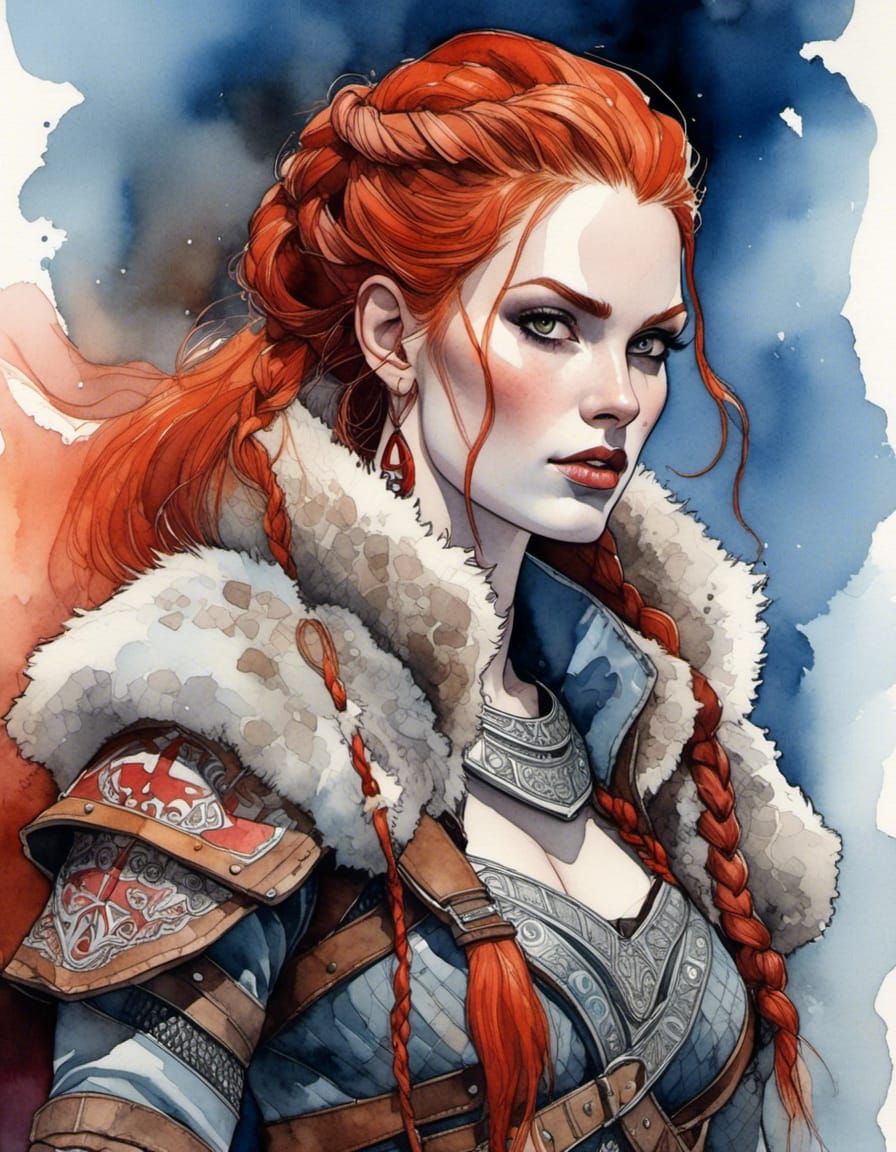 <lora:Inhuman:1.0> Gorgeous female kratos beauty with stunning fire engine red hair and ghost pale skin wearing intricate patchwork leather...