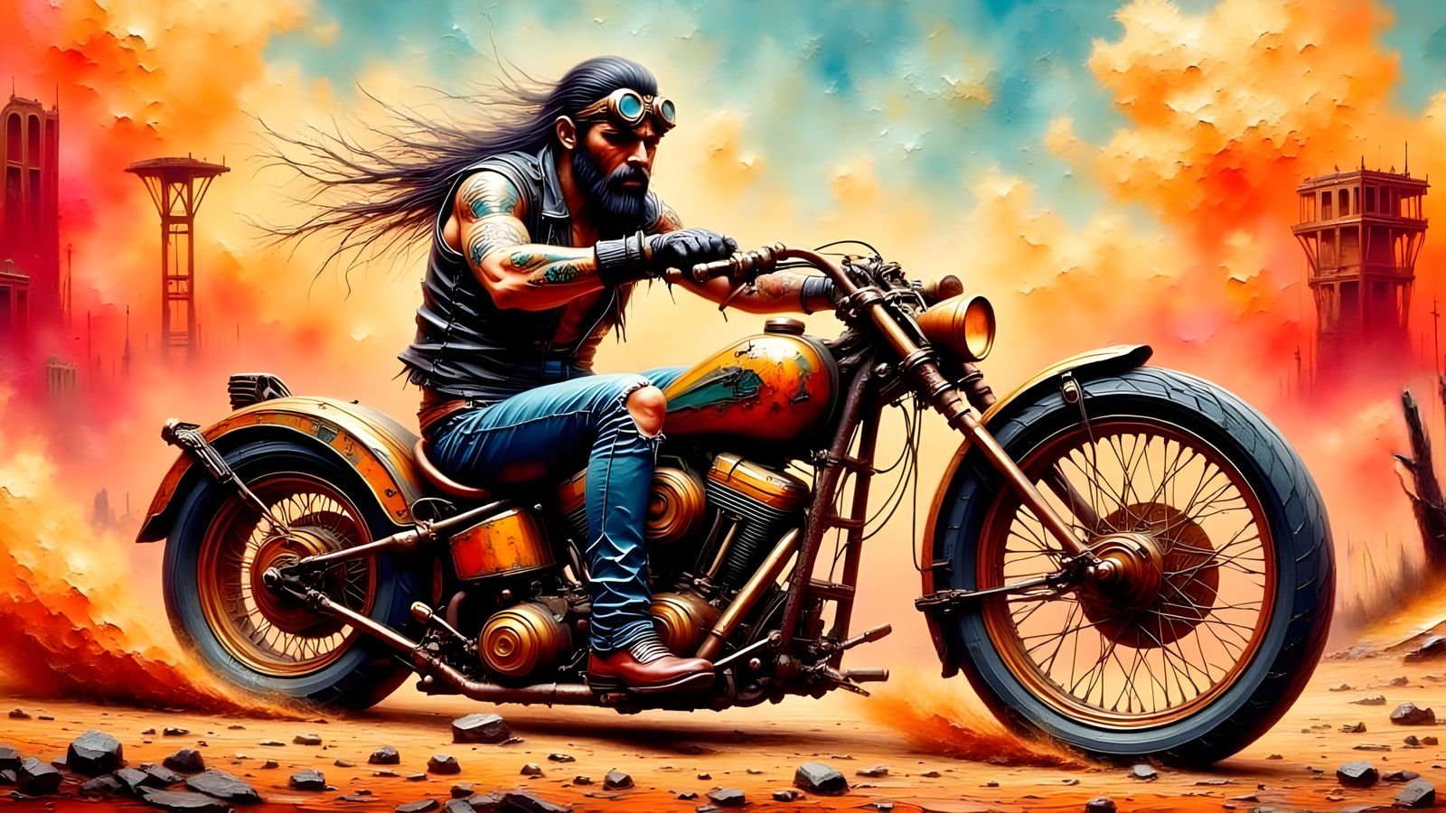 <lora:Mad-Max:1.0> <lora:ImpastoFlux:1.0> <lora:ImpastoRama:1.0> <lora:Impasto-Grunge:1.0> Vibrant, heavily textured, palette knife painting...