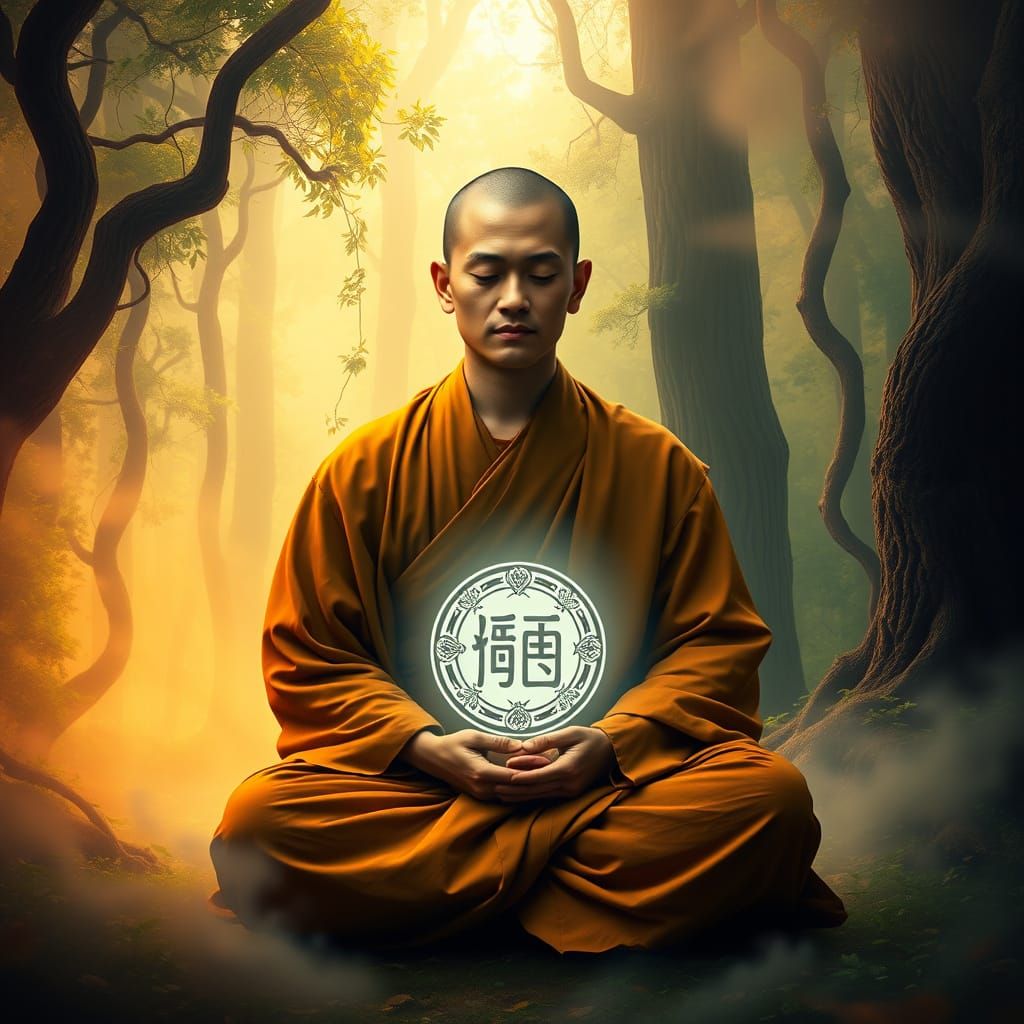 Serene Buddhist Monk in a Lush, Vibrant Forest Sanctuary