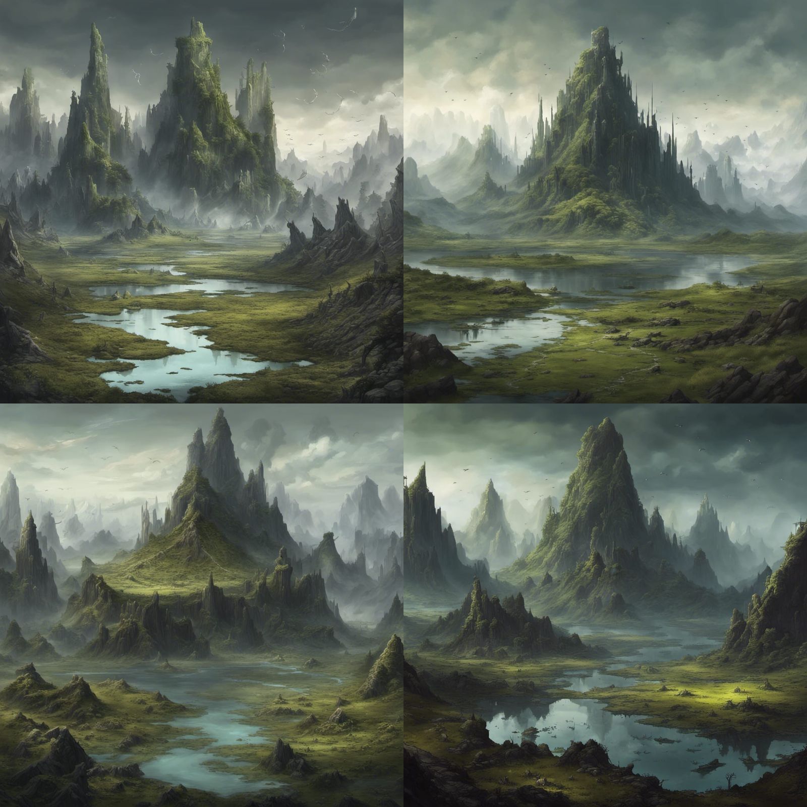 fantasy marshlands around the base of a large mountain that makes up ...