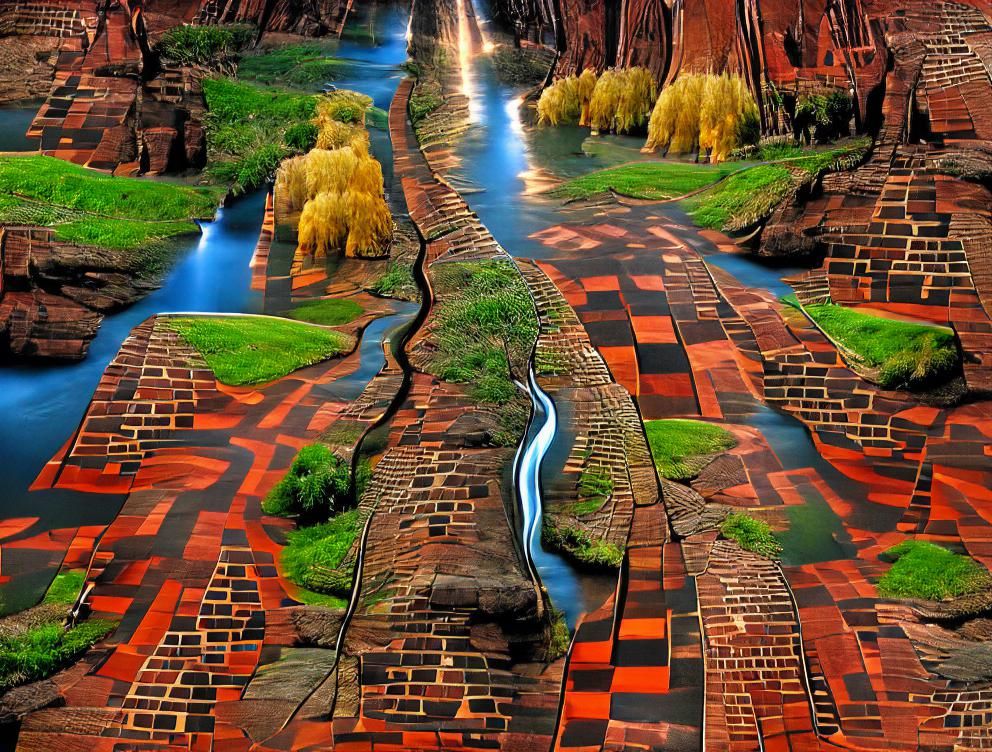 A gorgeous river parallels a brick road