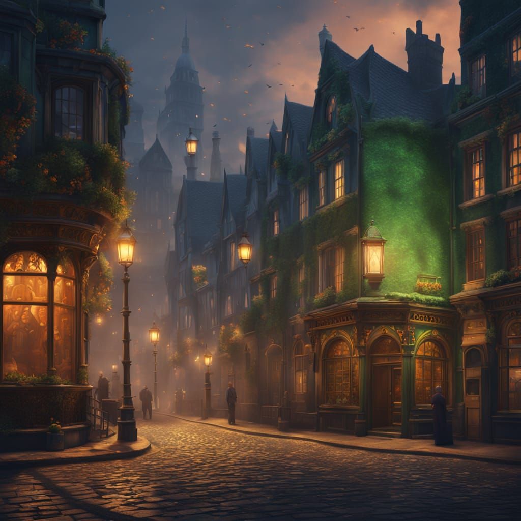 A green fantasy book with an image of an old London style town for dungeons and dragons   by @ClintMaxx