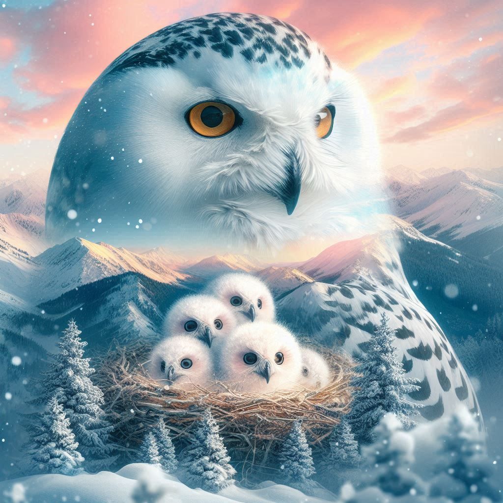 Snowy Owl double exposure with owl babies