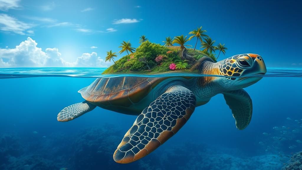 A hyper-realistic, surreal scene,  of a massive sea turtle swimming in the ocean, half above the waterline, ...  by @amazoon