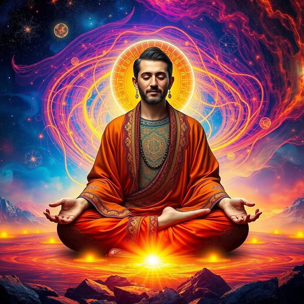 Enlightened Cosmic Sage in Vibrant Astral Realm