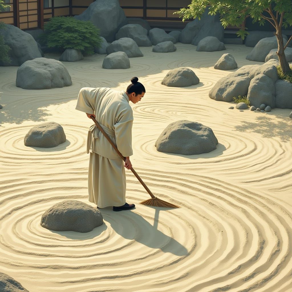 a man finding zen raking a zen garden  by @Blake Alexander