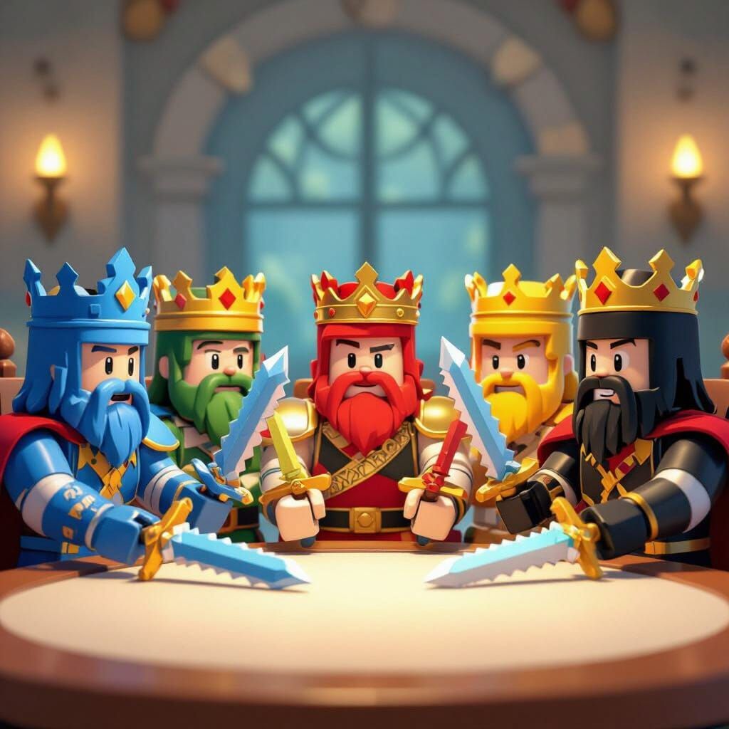 
5 kings sitting on a table (ONE BLUE ONE GREEN ONE RED ONE YELLOW AND ONE BLACK WITH SWORDS ) (ROBLOX STYLE)
