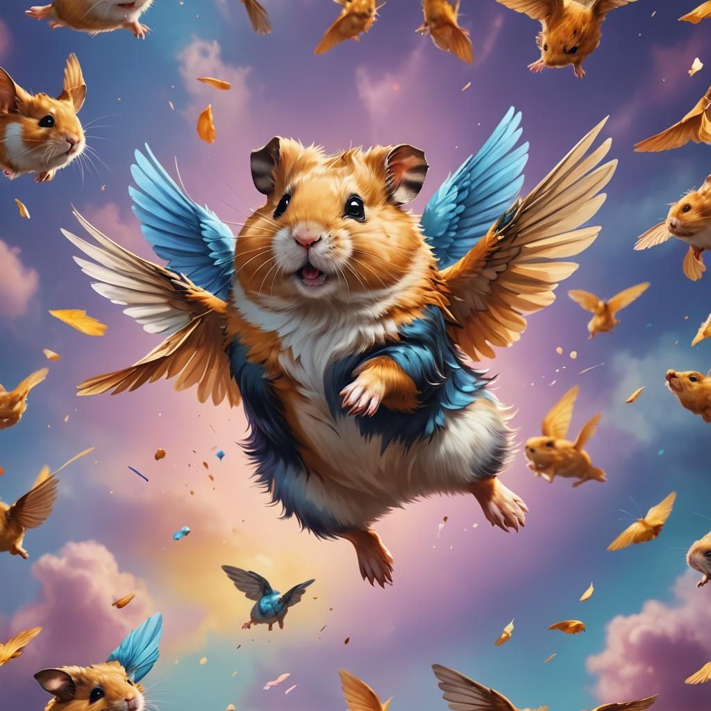 Flying (fluffy:1.5) hampster with wings