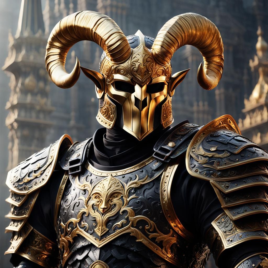 knight in gold and black armor, the helmet has the horns of a gold