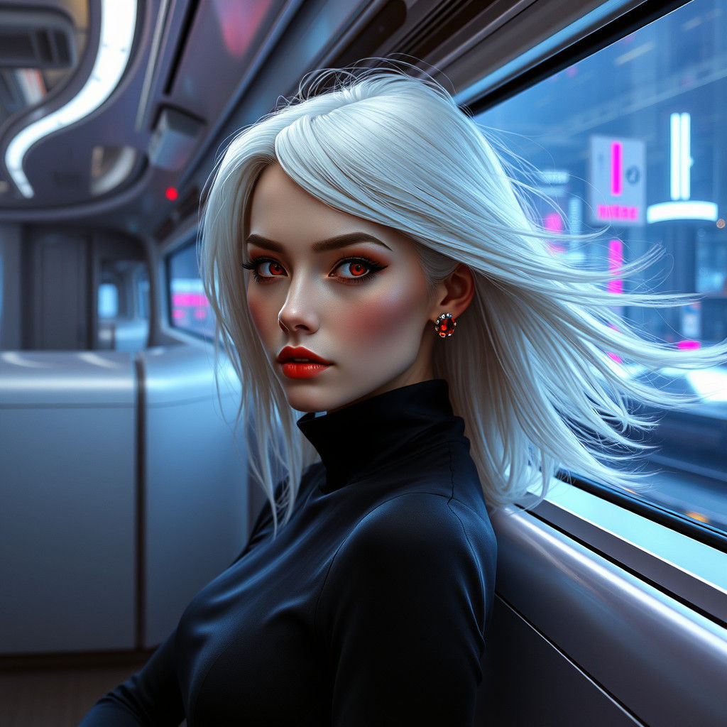 Futuristic Woman on Cyberpunk Train