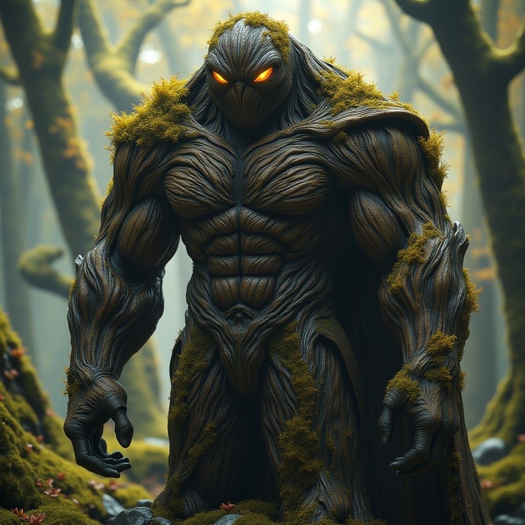 <lora:MJ6 RPG Flux:1.0> A full-body character design of an alien tree-like being, made from wood and moss with bark-like armor, in the style...