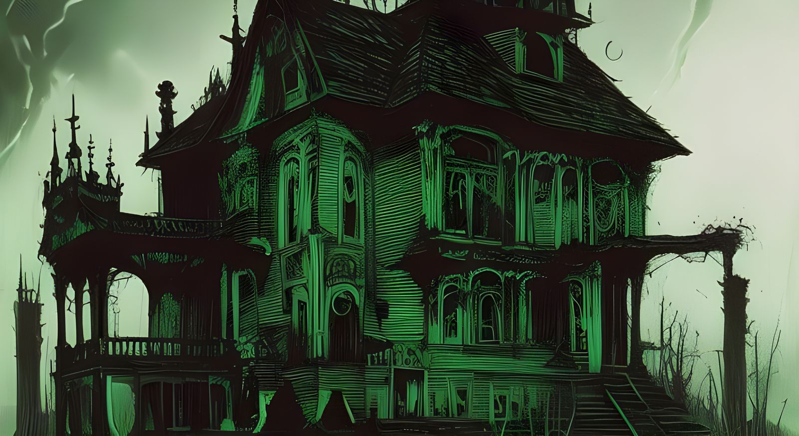 Halloween themed art.  Vibrant green and black haunted house...