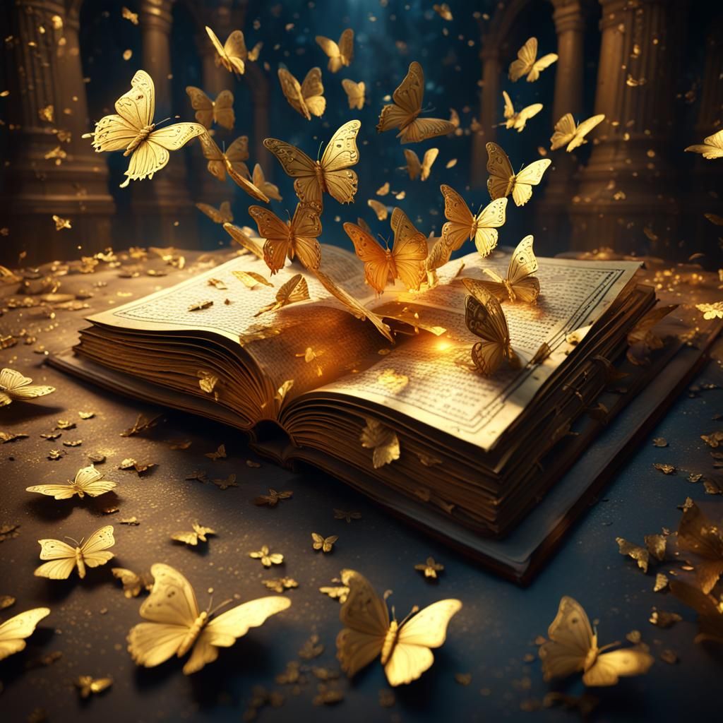 An ancient golden book open with golden butterflies flying out of the book  by @SnowyOwlOfWonderland