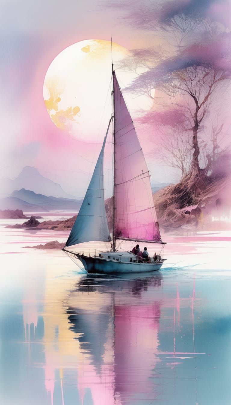 Serene Sailboat Glides Across Moonlit Waters in Dreamy Water...