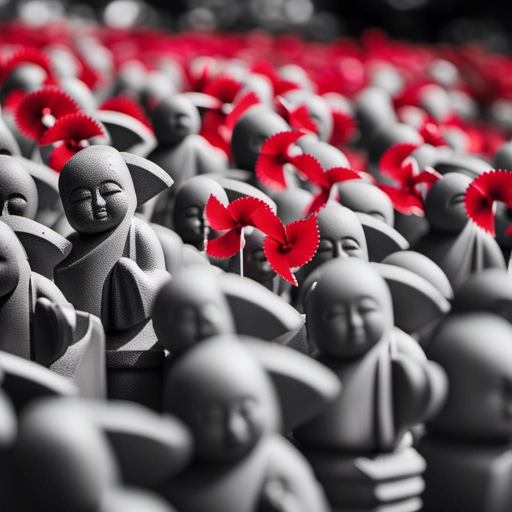 Red Pinwheels, Jizo Statues, grayscale, bright reds