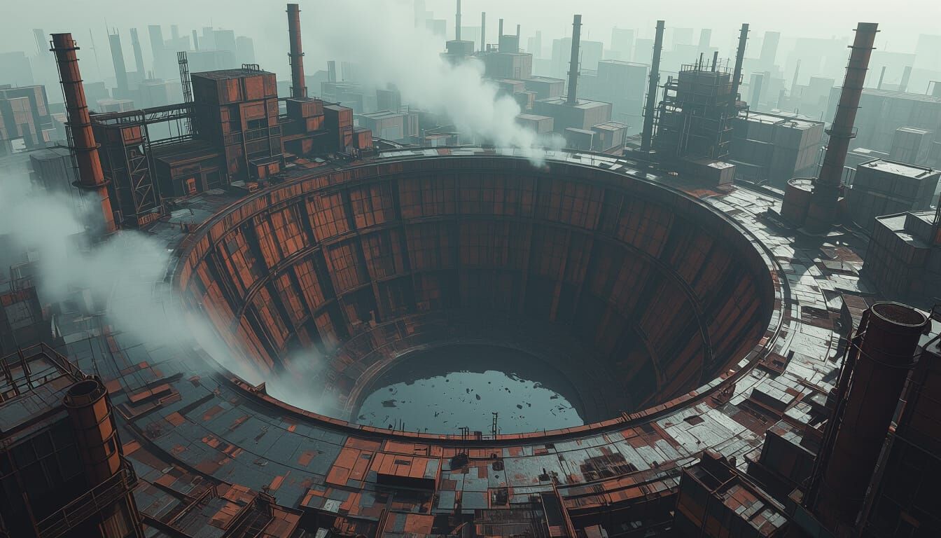 An abandoned futuristic industrial region with a huge, deep pit built of piping and other materials used to manufacture massive structures, ...