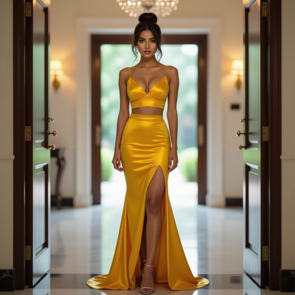 a Indian woman of incredible beauty  dressed in a yellow top and a yellow tight fitting, figure hugging yellow pencil skirt, which shows her...