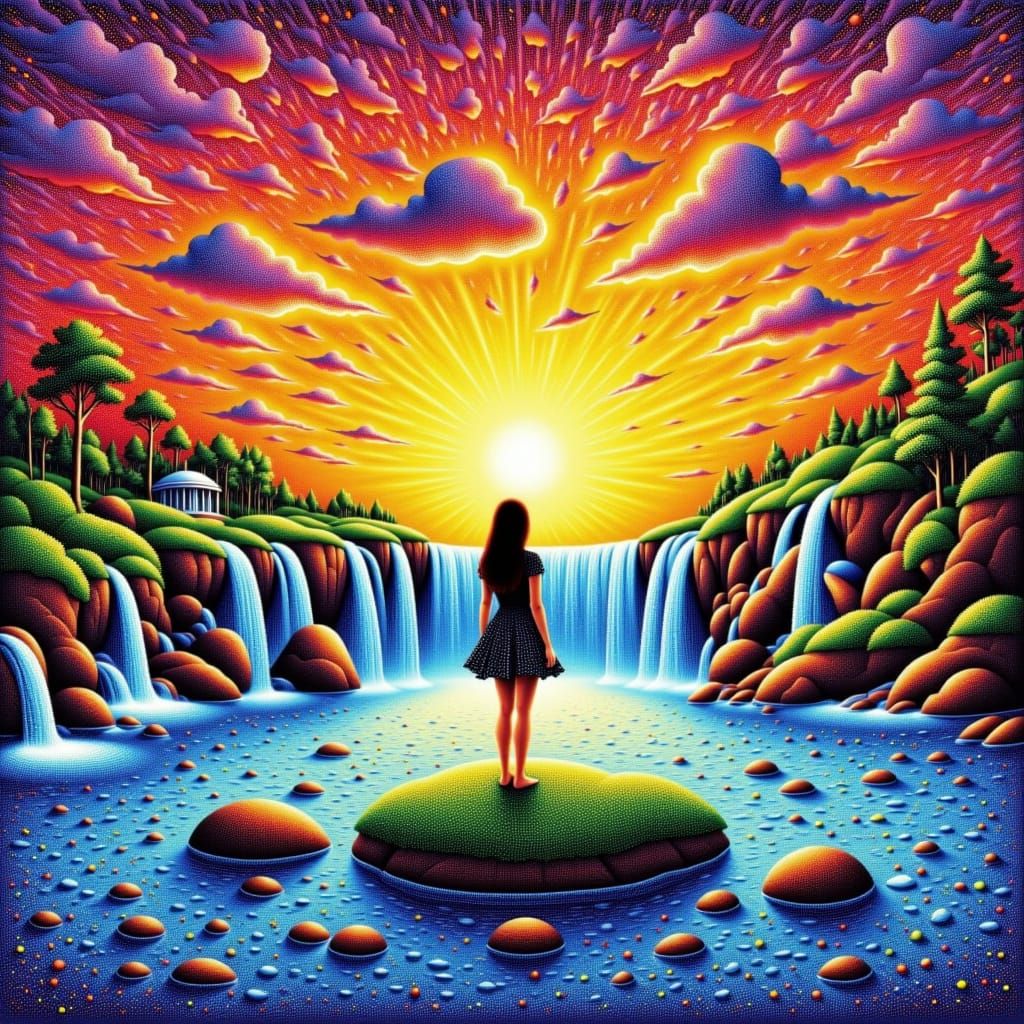 <lora:Pointillism 1-01:1.0> Pointillism oil painting of surrealist waterfall landscape with islands floating in the sky at sunset