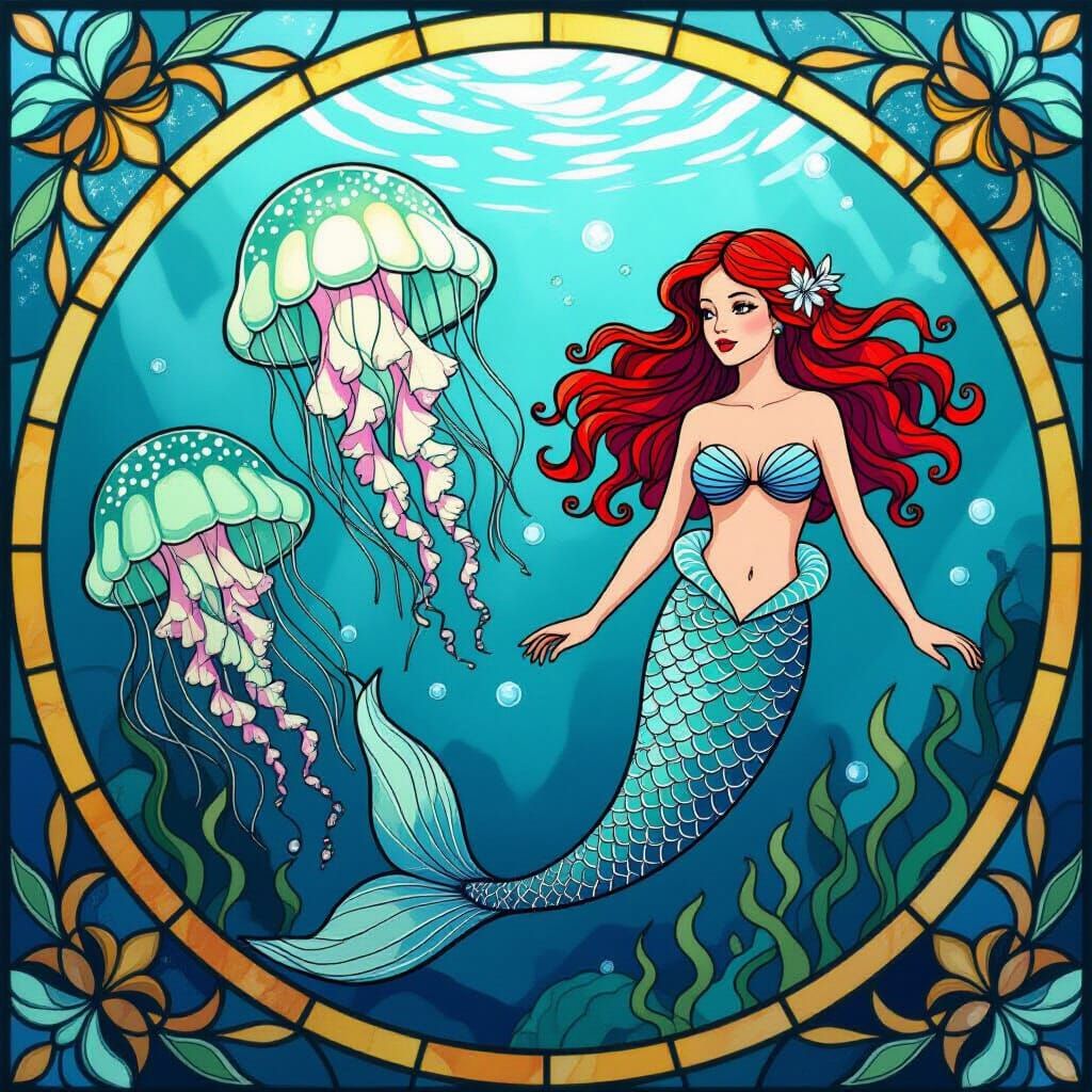 A stained glass rendering of jellyfish floating past a mermaid 
