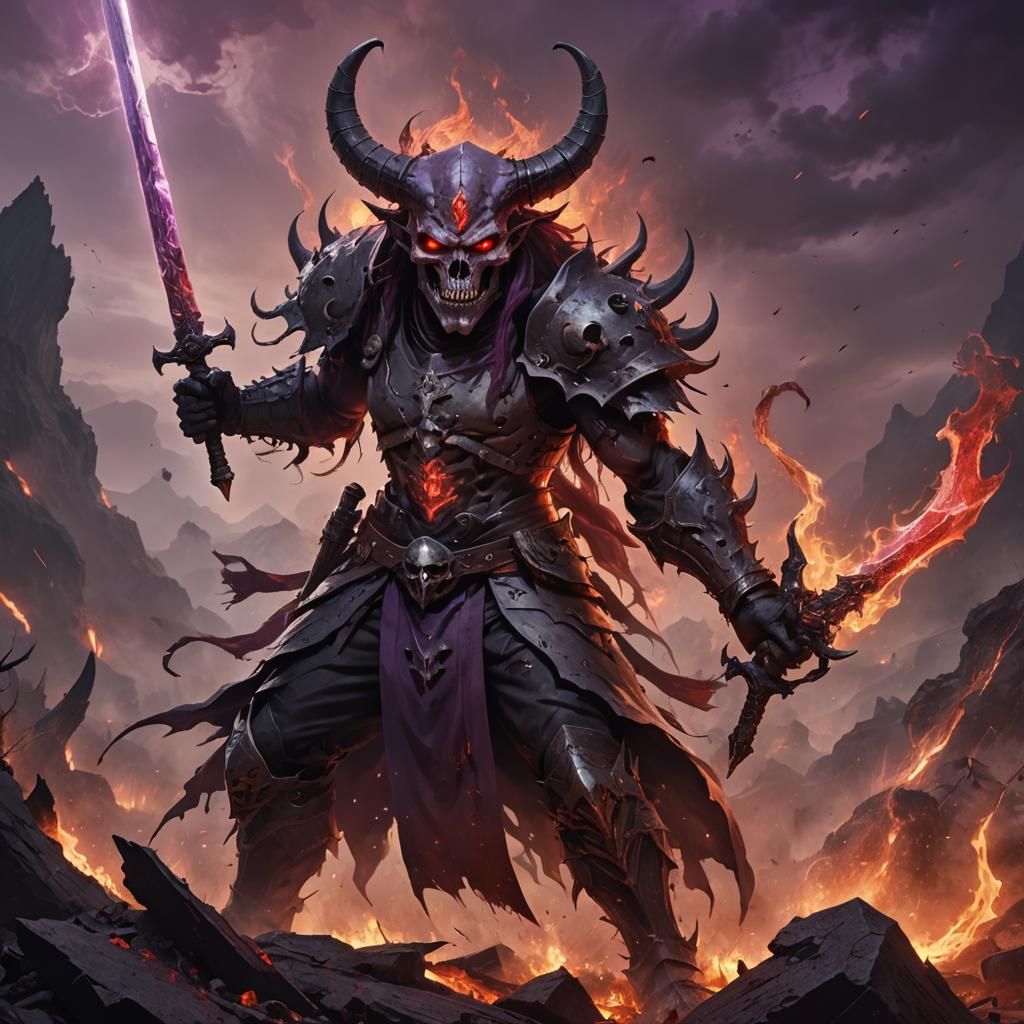 A menacing figure, possibly a warrior or a demon, with a sku...