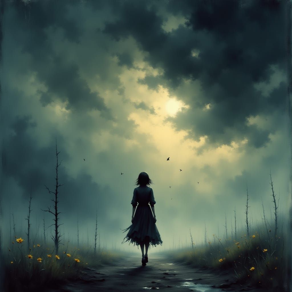 Lone Figure Under Stormy Twilight Sky in Romanticism Style