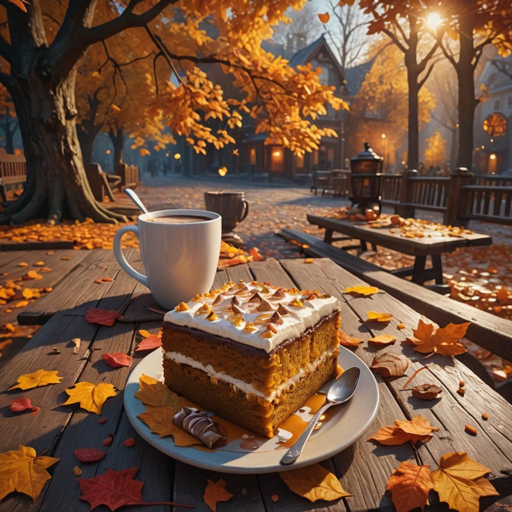 Pumpkin spicy cake , hot chocolate, falling leaves, autumn 