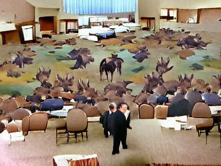 sprawling hotel conference room filled with moose, 1956
