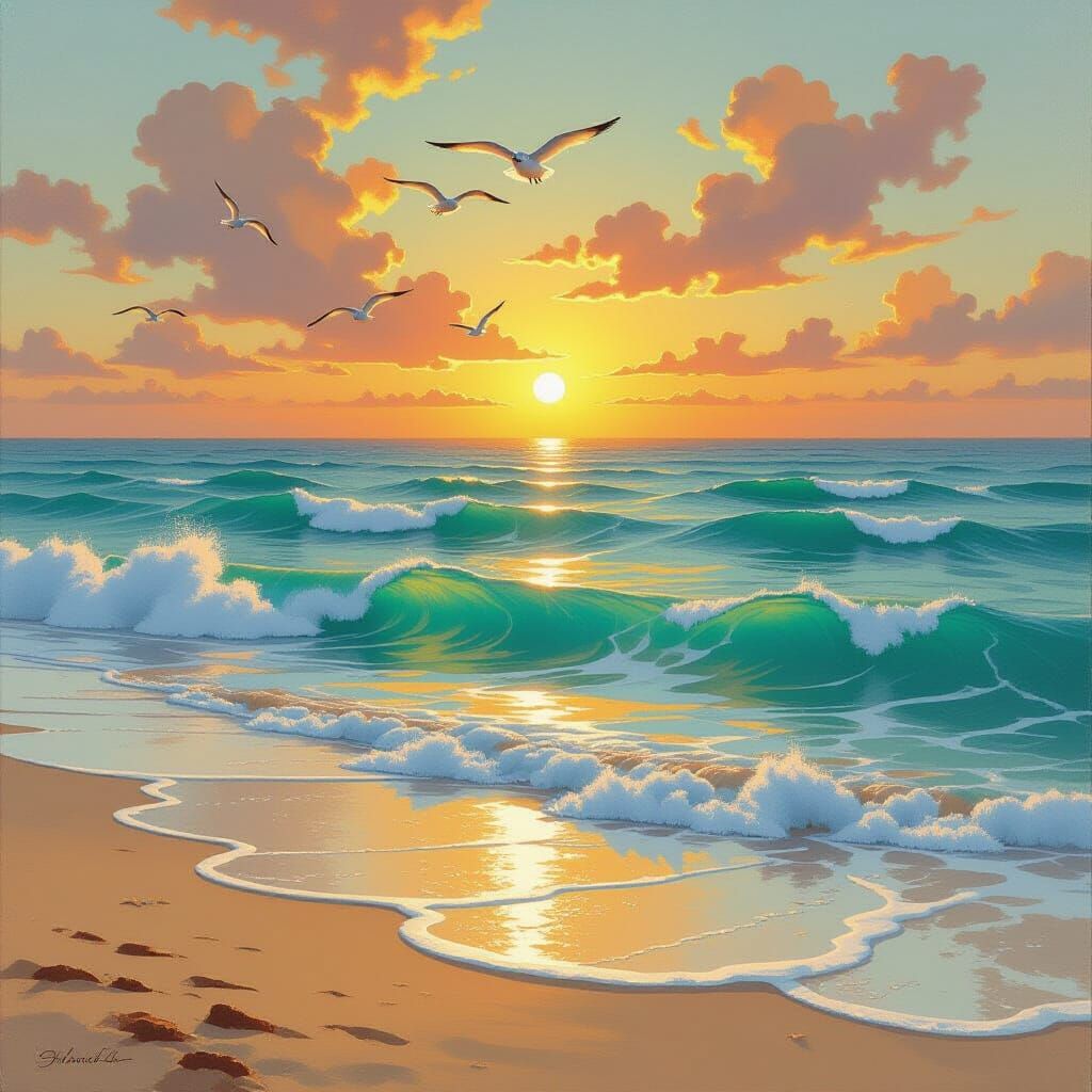 Golden Sunset Over Turquoise Sea, Aivazovsky Style