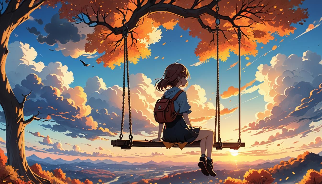 girl sitting on a tree swing watching the sunset in autumn, ...