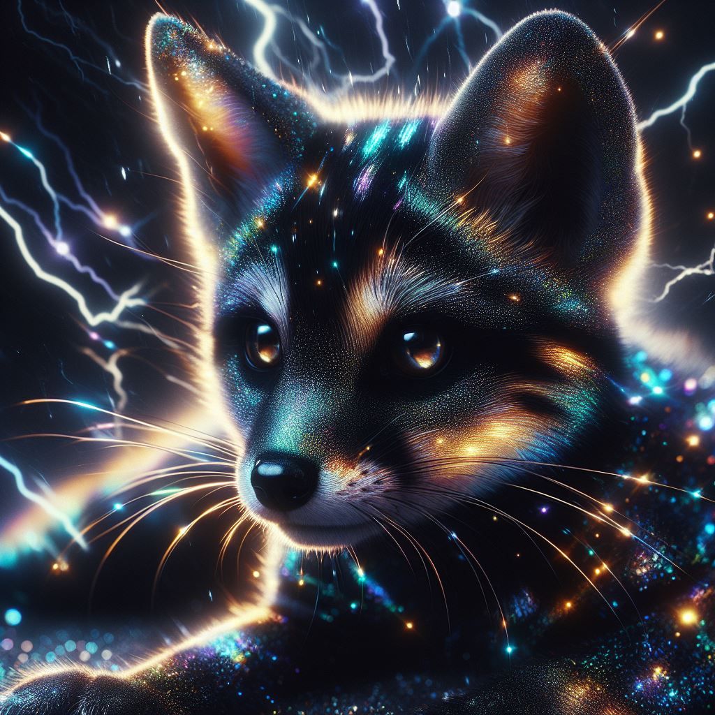 Black fox with thunder blue and yellow tiger stripes