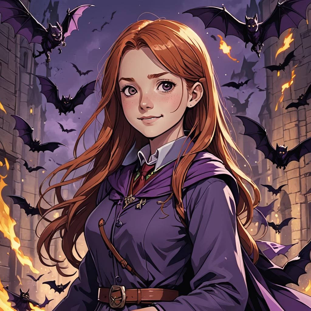 Ginny Weasley, Gryffindor student, 16 years old, bats, purple magic, evil  smile - AI Generated Artwork - NightCafe Creator