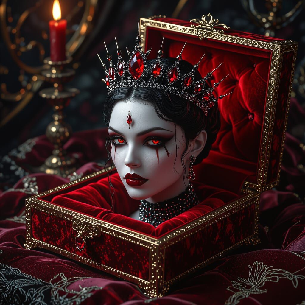 A vampire blood red with black pearl tiara displayed in a velvet red glass box. The cursed item had red ...  by @Gothicfantasy