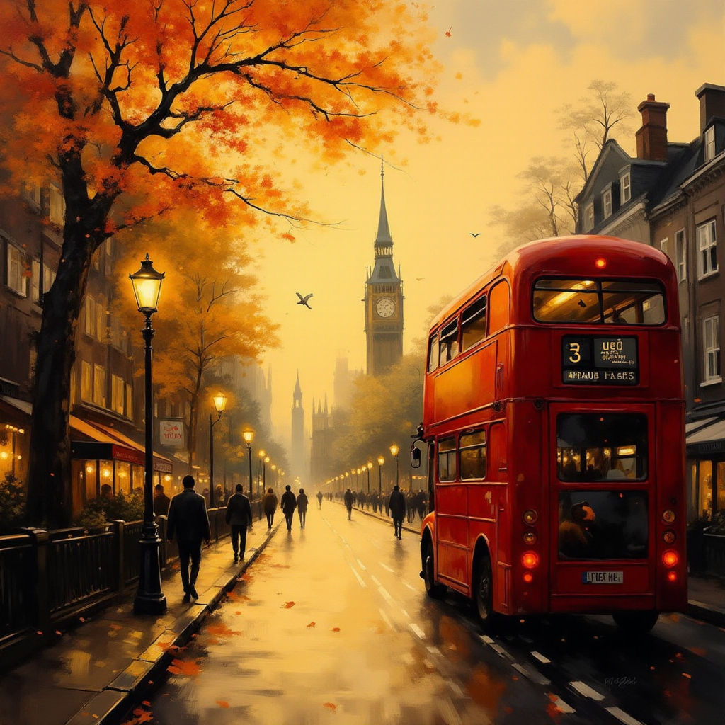 Painting of London townscape double decker bus