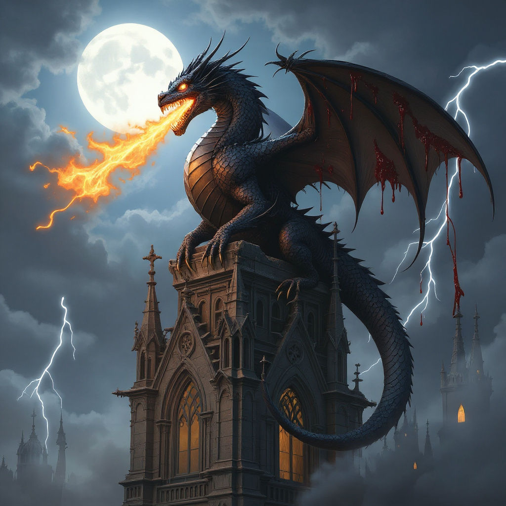 A majestic ancient dragon with scales like polished obsidian, perched atop a crumbling gothic cathedral spire. Moonlight glints off its shar...
