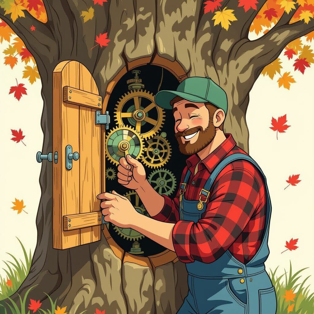 A repair man winking as he is opening a panel in a tree and changing the setting from summer to fall.