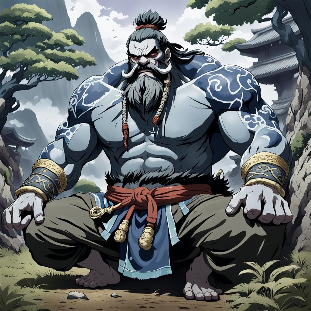 DnD, Fantasy, whiny, sad, fetal position, softhearted, kaido, Giant, Grey skin, beard, normal eyes, by artist "anime", Anime Key Visual, Jap...