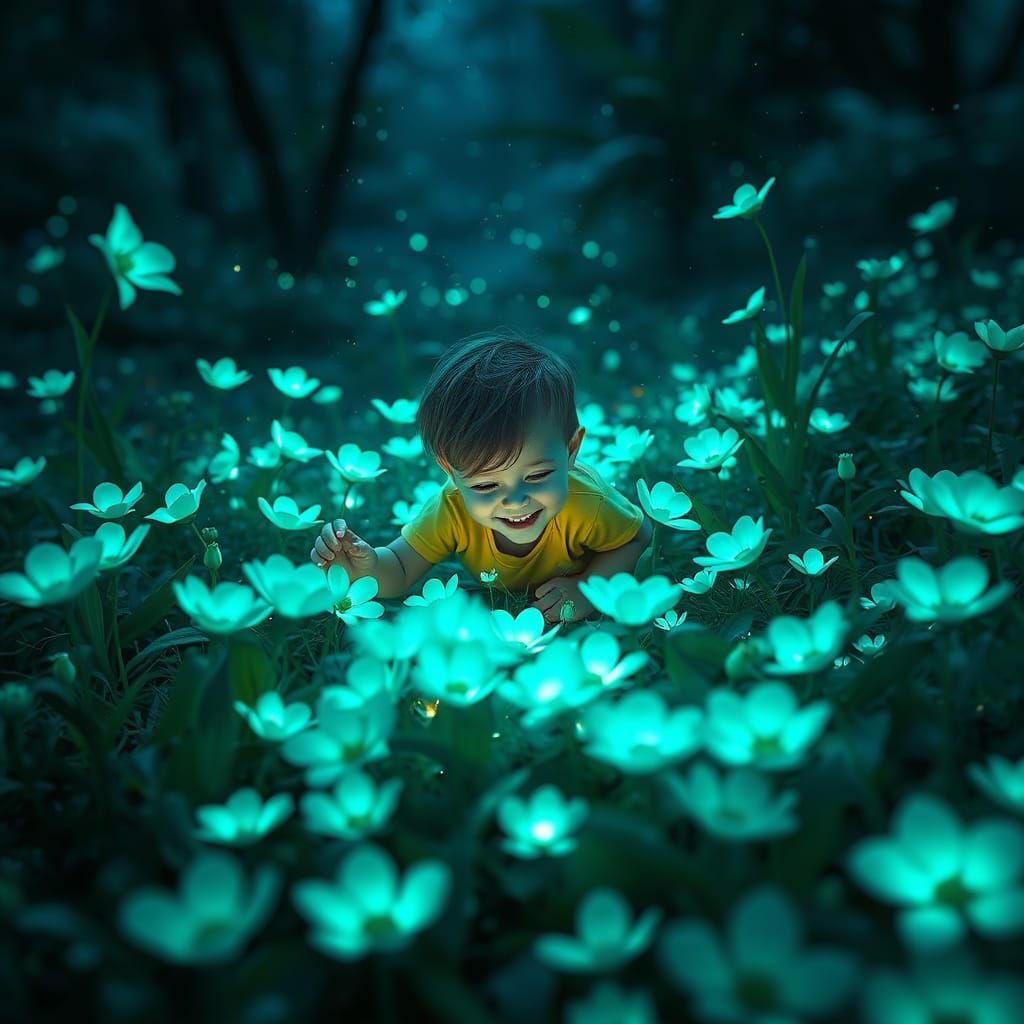 Turquoise magical flowers on the ground. A child plays happily among the flowers. The flowers glow with ...  by @Observer1