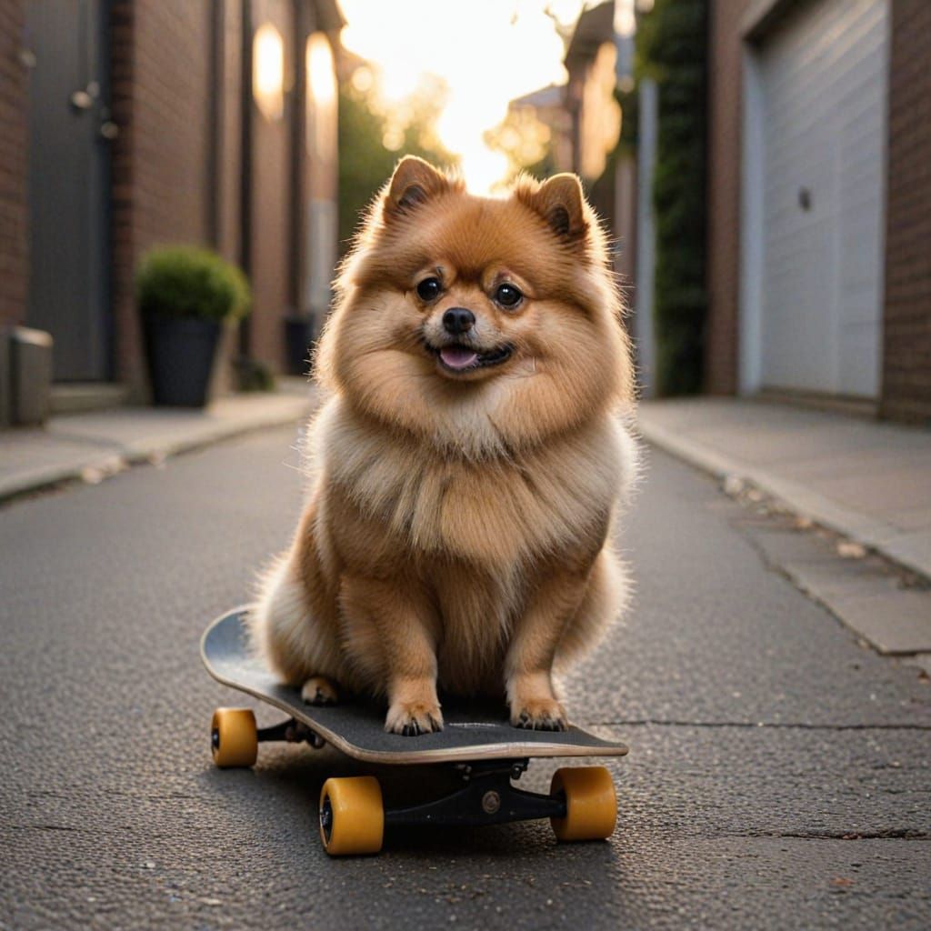 A Furry Pomeranian Rides a Yellow Skateboard on a Dark Stree...