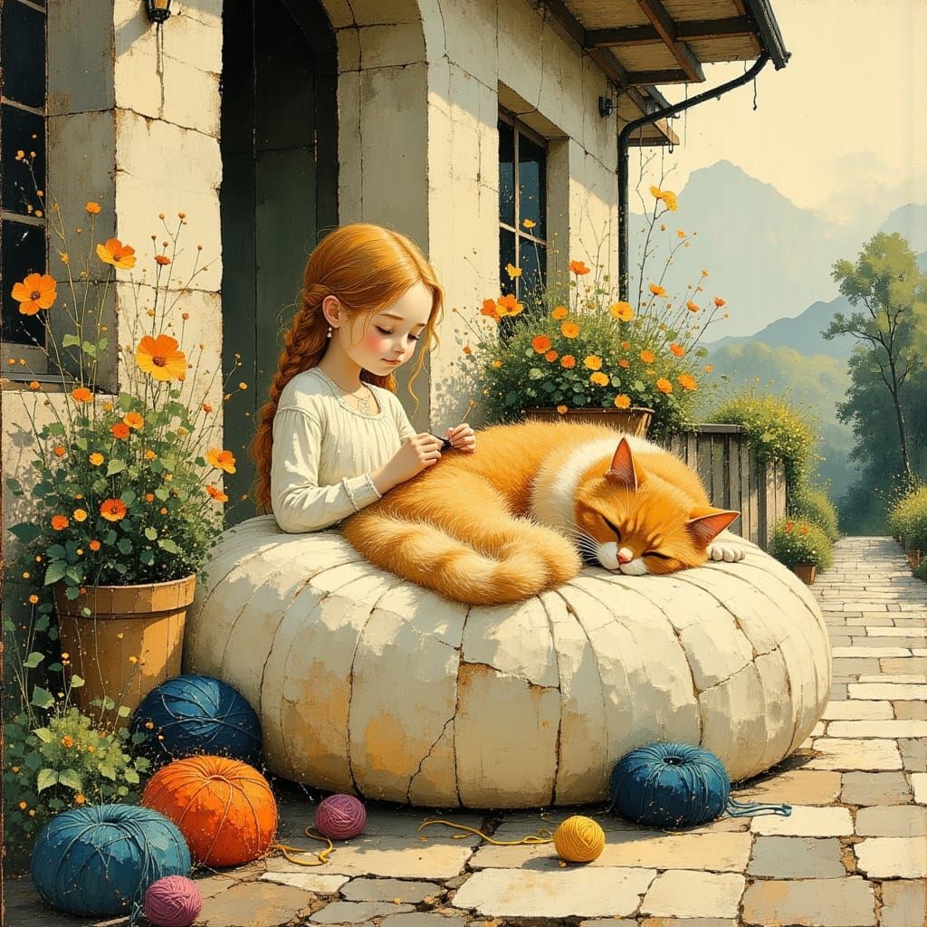 <lora:Akimora:1.0> <lora:Whimsical Whispers:1.0> <lora:Hand Drawn Bohemian:1.0> fluffy cat sitting on a puffy poof next to a girl knitting, ...