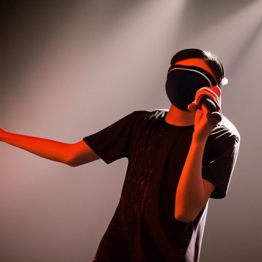 Young teen holding microphone wearing a mask covering his fu...