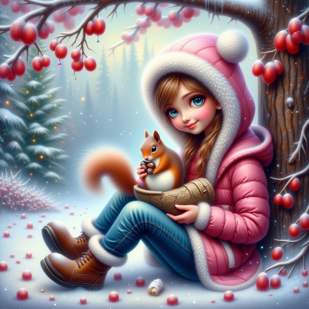 whimsical painterly fantasy artistic painting <lora:FiosFantasyGlow:1.0> :  BEautiful woman, blue eyes, wears a pink hooded anorak with flee...