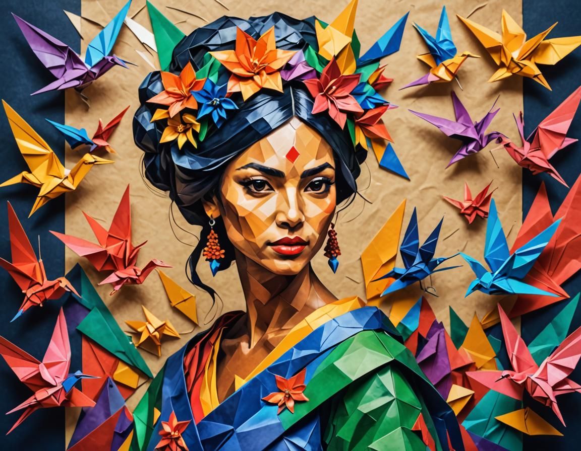 Picture of an woman, painted on origami