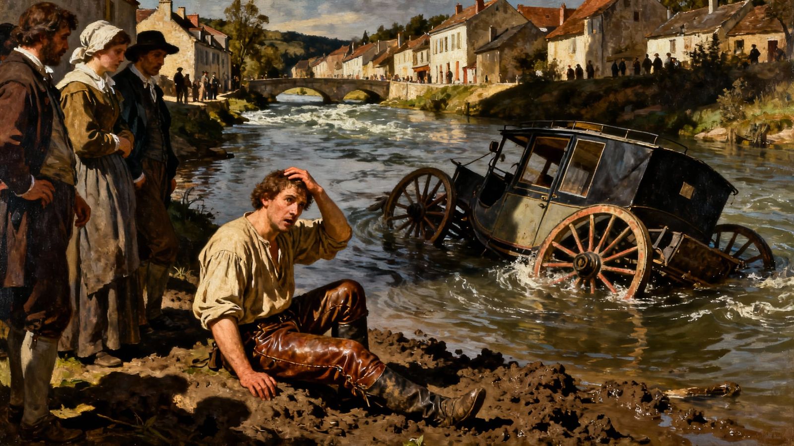 A river crosses a little town. An overturned horse-drawn carriage lays on the road half in the river; ...  by @Peter John