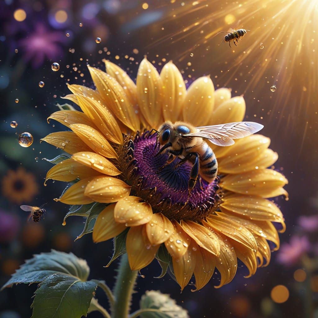 Hyper-detailed sunflower with warm golden petals, edges adorned with dissipating gold threads, center seeds subtly glimmering in warm amber,...